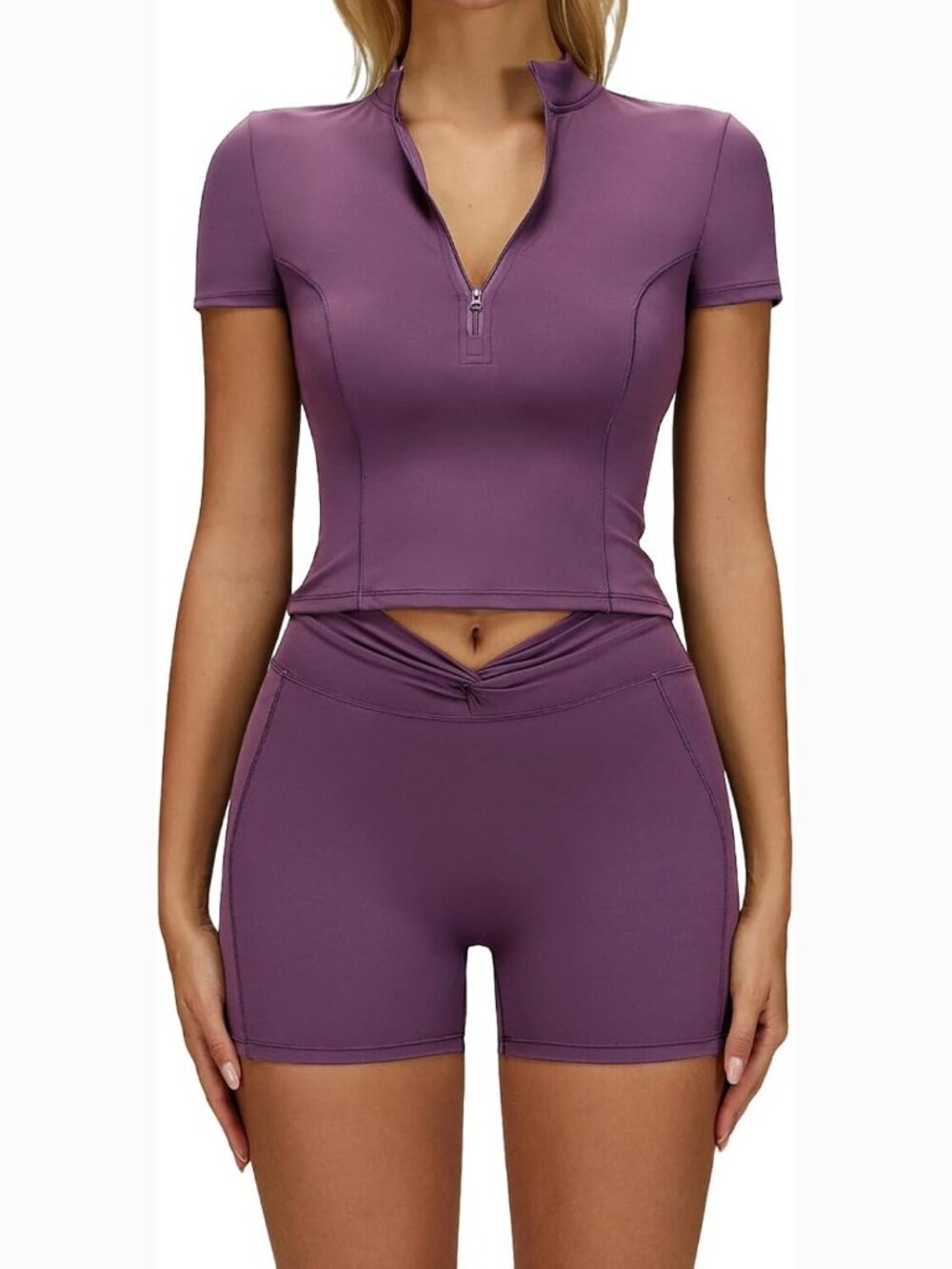 Short Sleeve Half Zipper Crop Top and Twisted High Waisted Biker Shorts